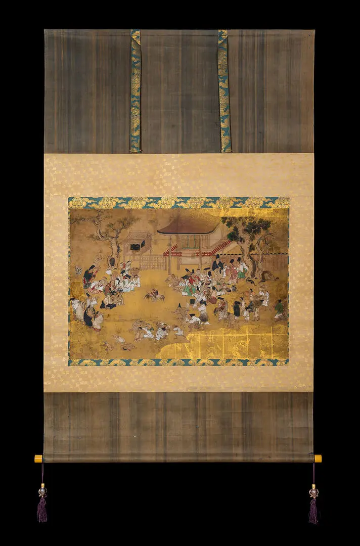 Fighting cocks (toriawase) – Japan, Ink, pigments, gold on paper, silk brocades, Muromachi period, 15th c.