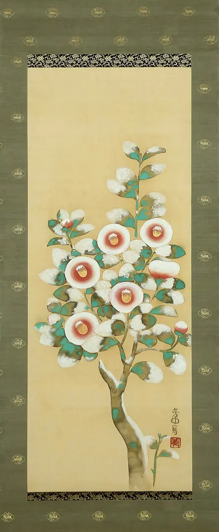 White Camellias – Japan, Ink and pigments on silk, silk, brocades, Nakamura Hochu (active 1790 – c. 1819), Rimpa School, Edo period, 18th/19th c.