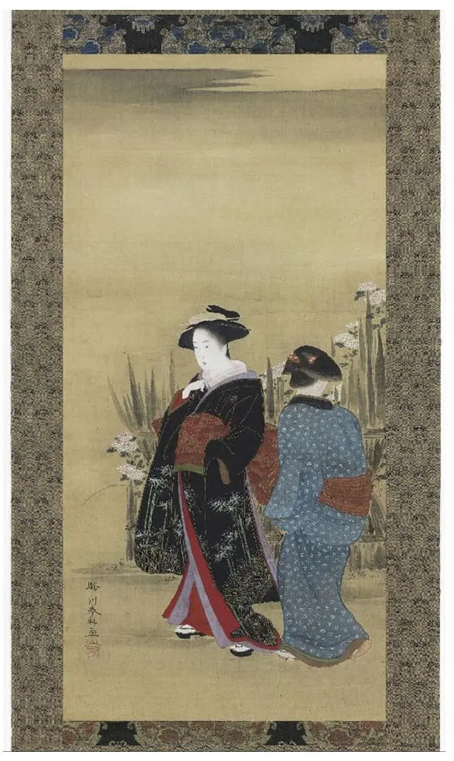 Courtesans and Chrysanthemums in winter – Japan, Ink, pigments on silk, silk brocades, Katsukawa Shunrin (act. 1784–1800), Edo period, 18th c. (late)