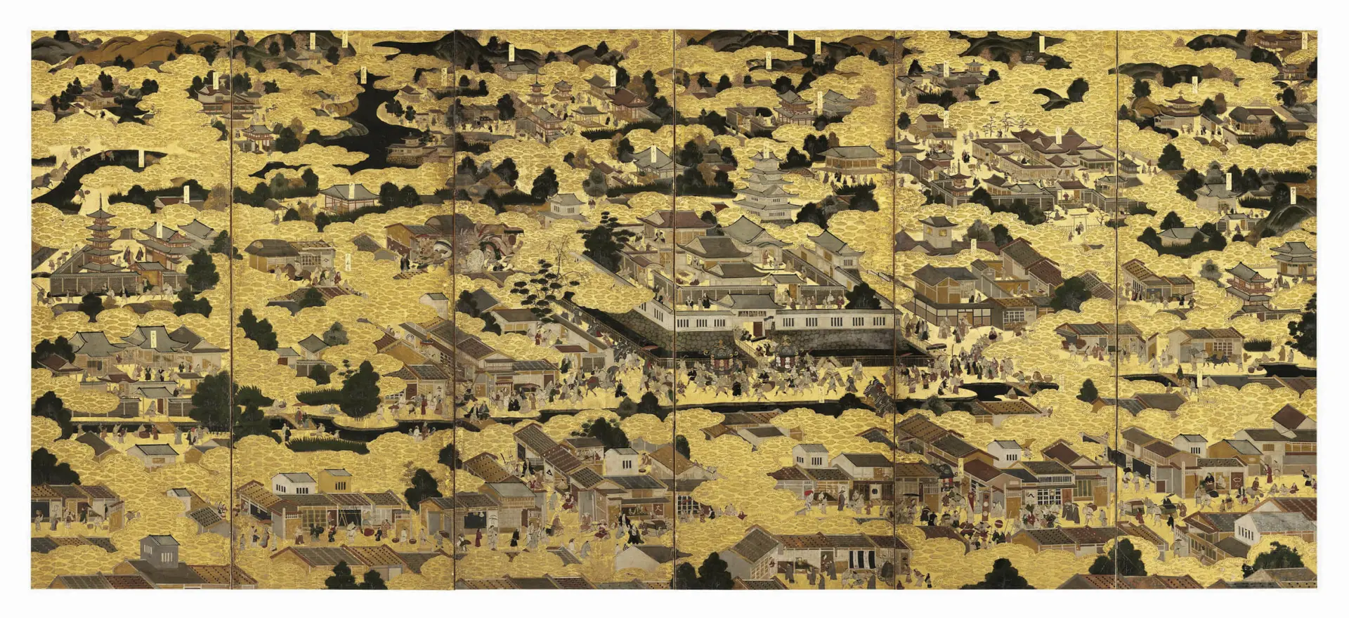 Folding screen "Scenes in and around the capital" – Japan, Ink, pigments, gold on paper, Six-panel, Momoyama-Edo period, early 17th c. (early)