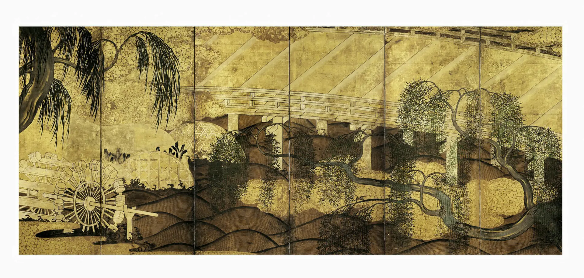 Folding screen "Willows and the Uji Bridge" – Japan, Ink, pigment, gold on paper, Six-panel, Momoyama period, 16th/ 17th c.