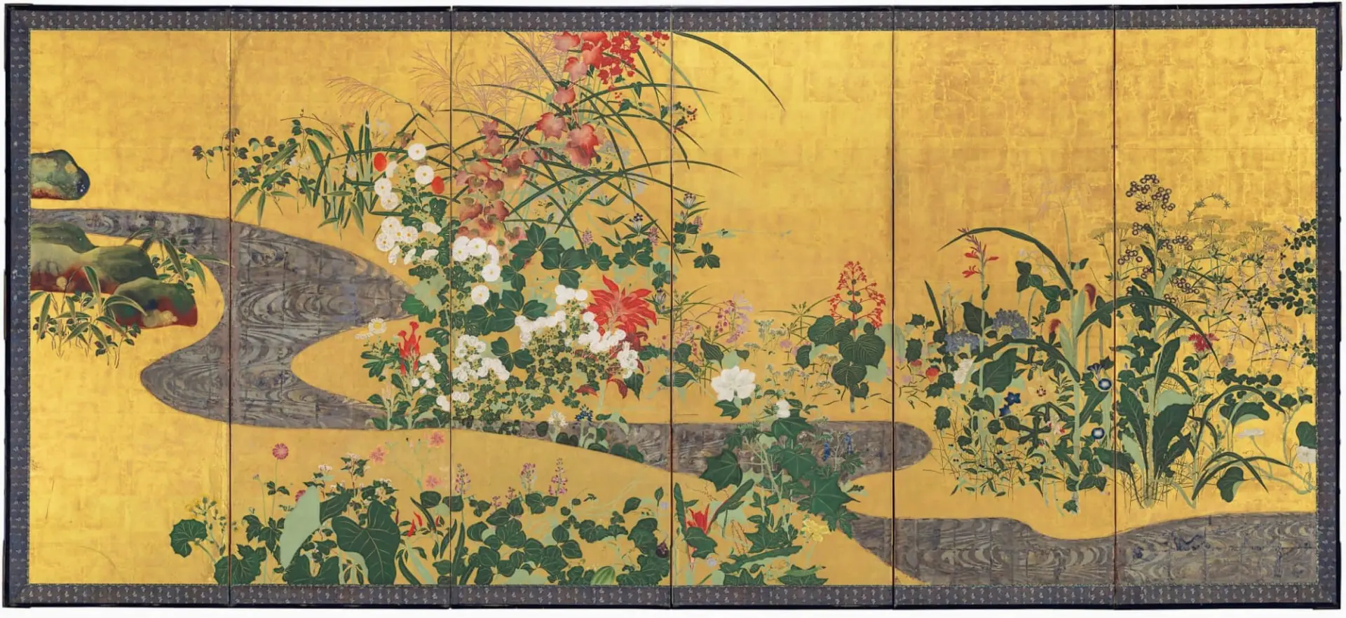Pair of folding screens "Grasses and flowers of four seasons" – Japan, Ink, pigments, gold on paper, Six-panel, Rimpa school, Edo period, 18th c. (2nd quarter)