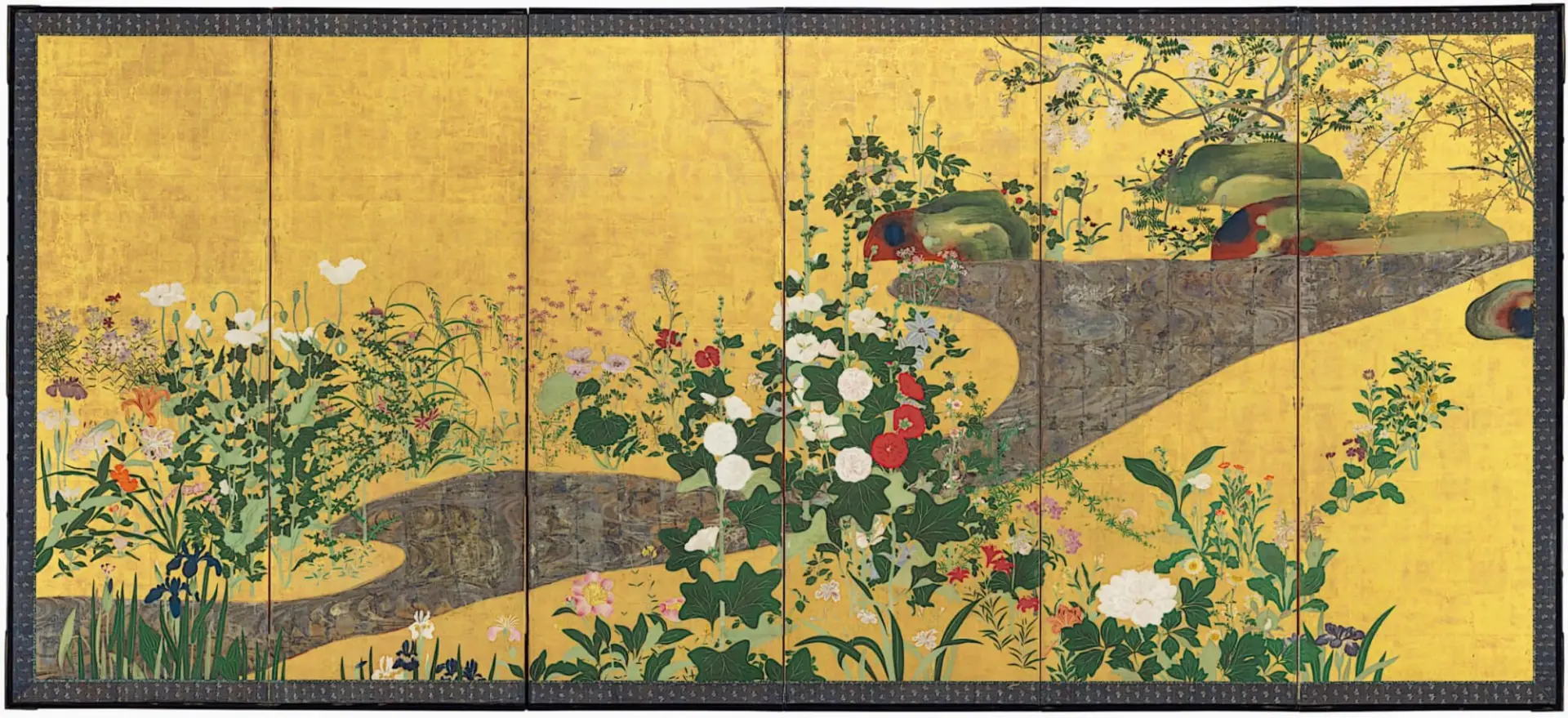Six-panel folding screen with grasses and flowers of the four seasons on a gold background