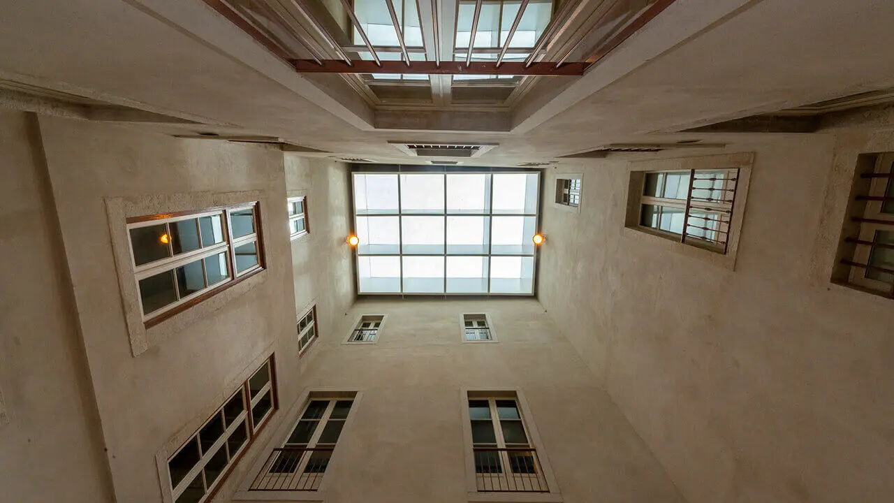The atrium skylight seen from below