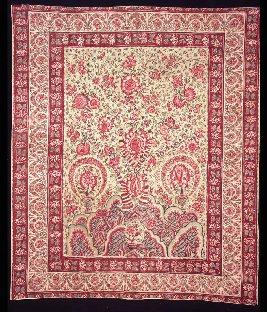 Palampore – India, Cotton, block-printed, mordants, For European and Indonesian markets, Coromandel coast, India, 1830–1840