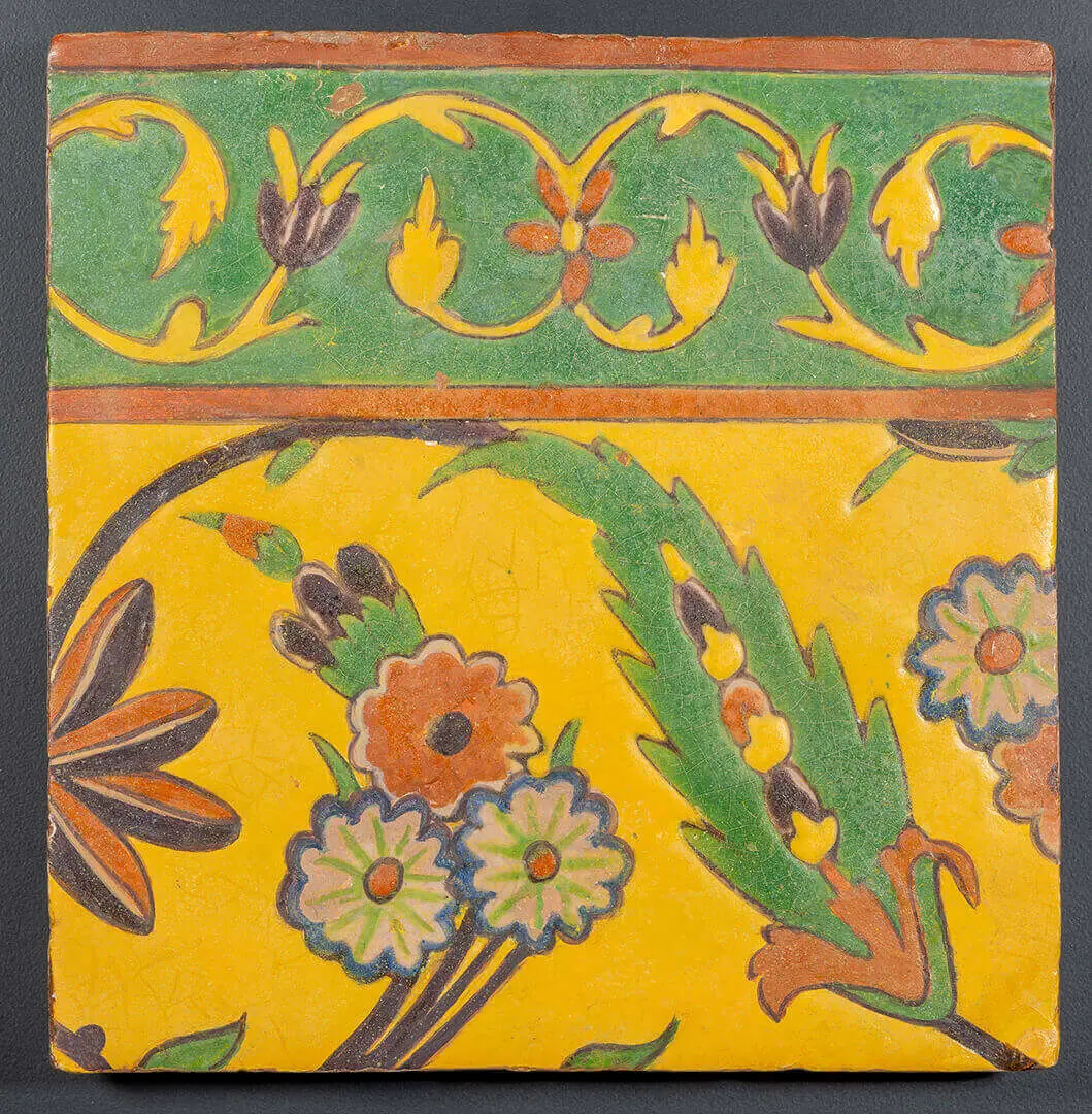 Tile – India, Pottery, glazed, cuerda seca, Probably Lahore, India, Mughal period, 17th century