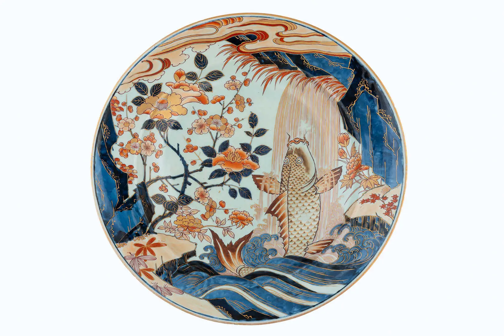 Charger with a carp leaping up a waterfall, among flowering branches and waves