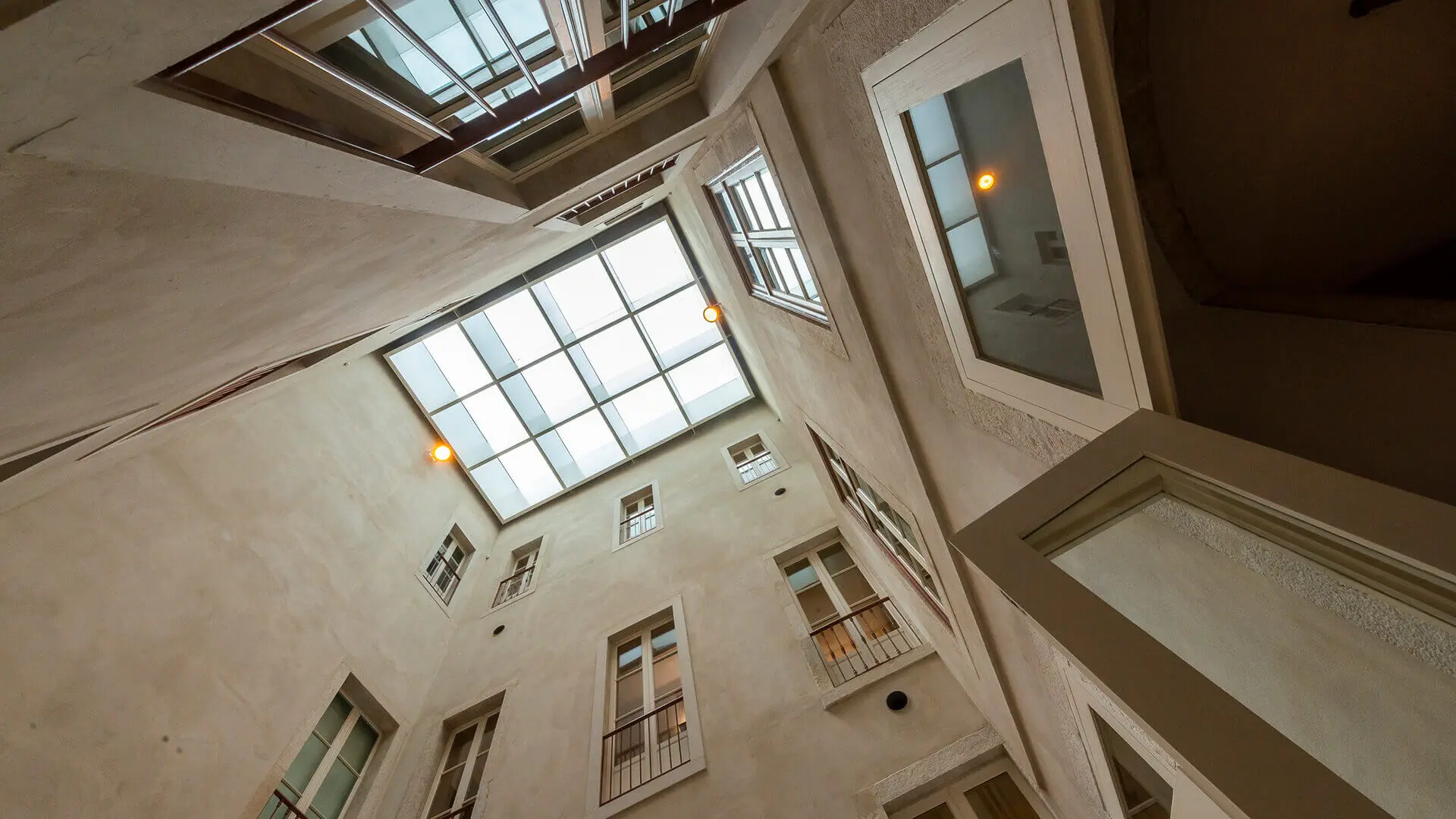The atrium skylight seen from below