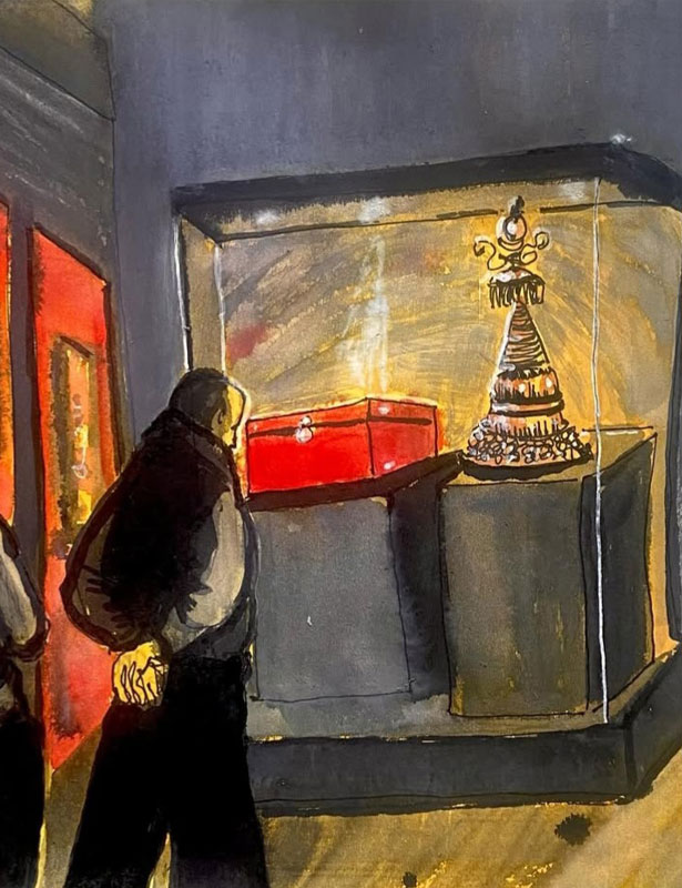 Ilustração de sala de exposição da Casa Ásia por Teresa Ruivo