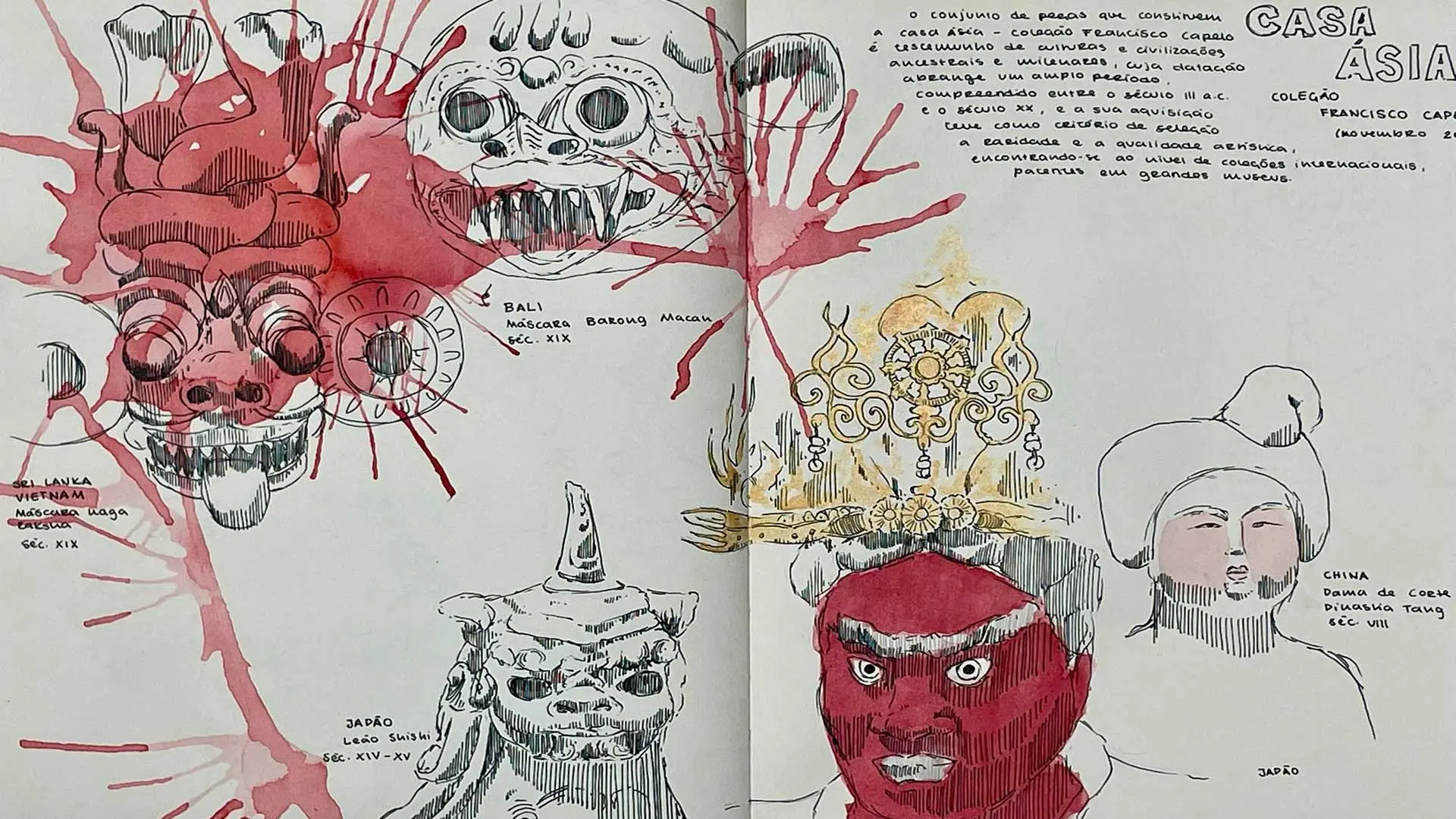Caderno aberto com desenhos a tinta e a vermelho de máscaras e cabeças da coleção, com notas manuscritas