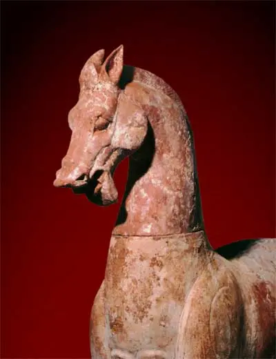 Escultura de cavalo em terracota, sobre fundo vermelho