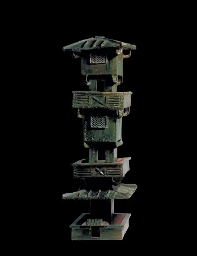 Modelo de uma torre de vários andares, de tom verde, sobre fundo preto