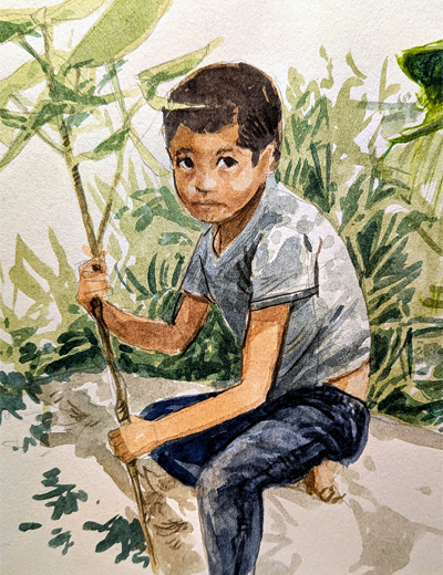 Pintura em aguarela de um menino segurando uma planta